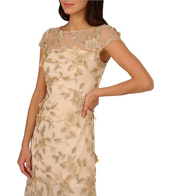 Adrianna Papell Floral Embroidered Boat Neck Short Sleeve A-Line Long Dress Product Image