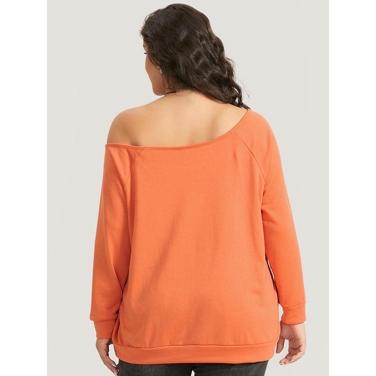 Plus Size Halloween Print One Shoulder Raglan Sleeve Sweatshirt Women OrangeRed Casual Printed Festival-Halloween Sweatshirts BloomChic 14-16/1X Product Image