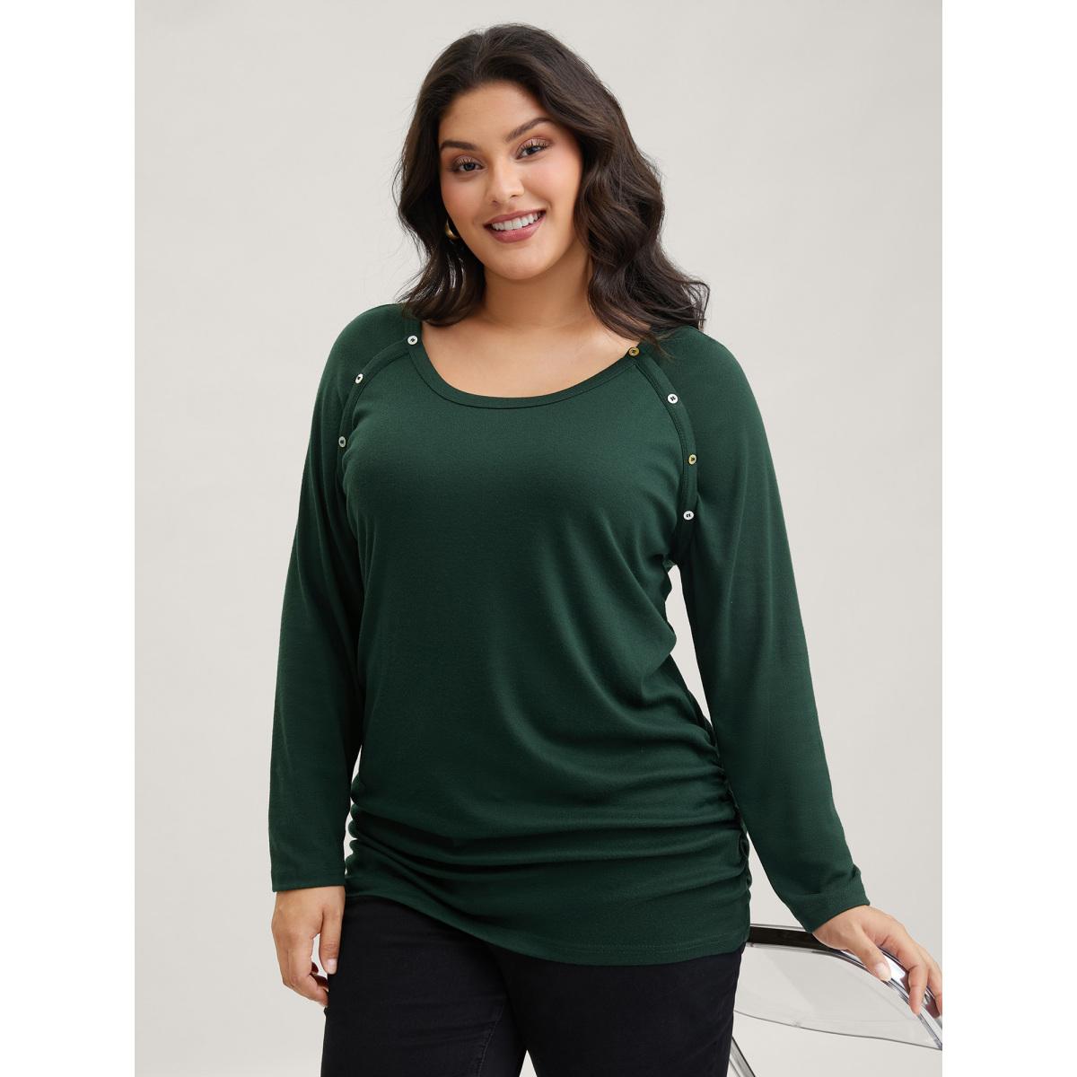 Plus Size Plain Gathered Button Detail T-shirt DarkGreen Women Leisure Gathered Plain Round Neck Casual T-shirts BloomChic 30/6X Product Image