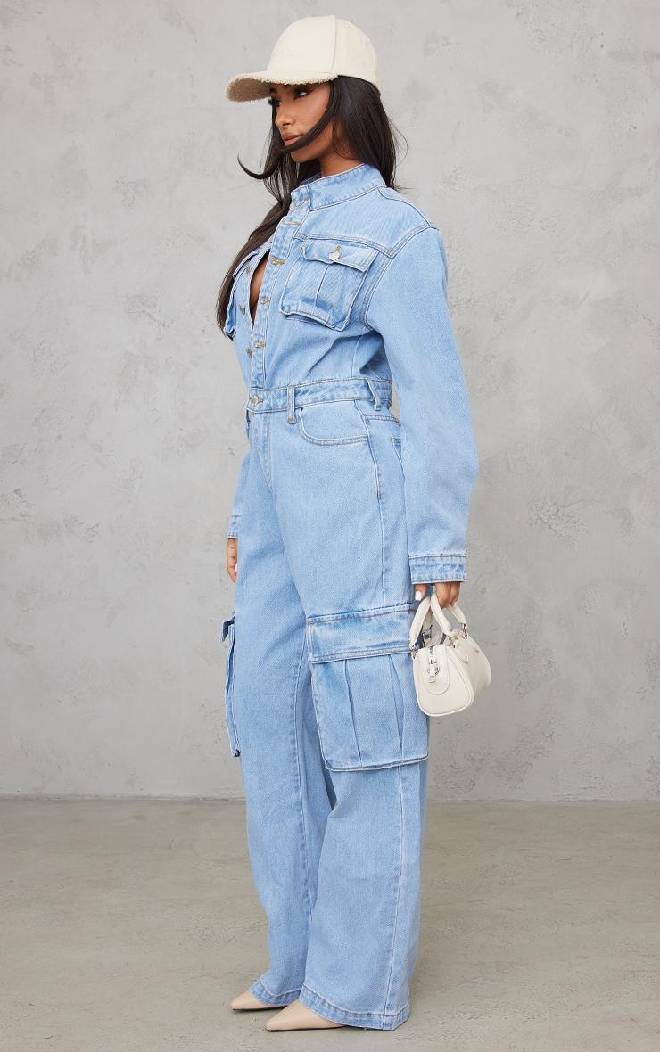 Petite Light Blue Wash Denim Cargo Wide Leg Jumpsuit Product Image