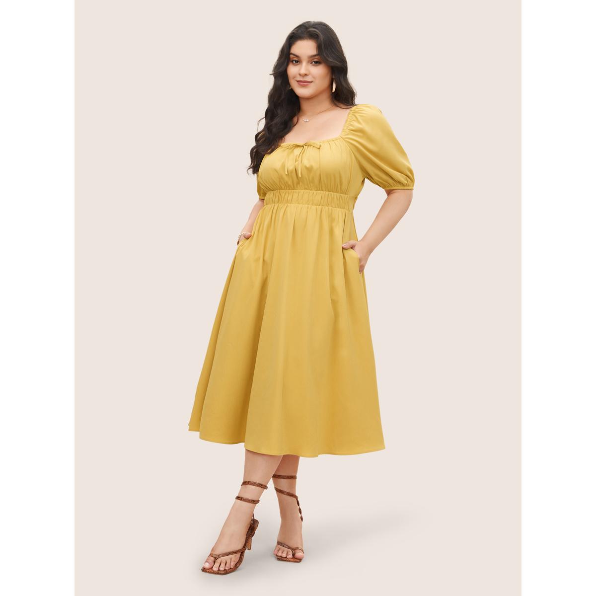 Plus Size Plain Lantern Sleeve Drawstring Square Neck Dress Yellow Women Elegant Non Square Neck Short sleeve Curvy Midi Dress BloomChic 14-16/1X Product Image