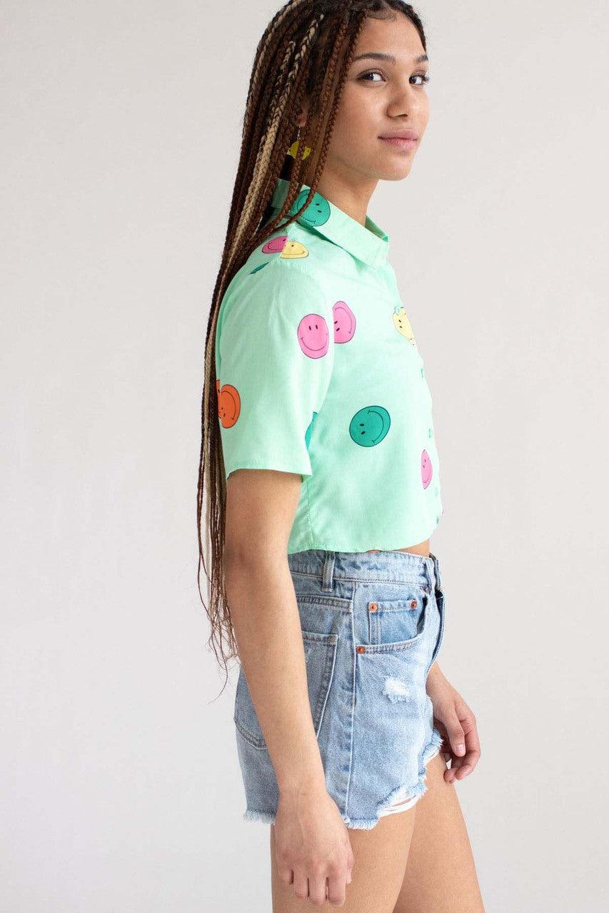 Green Smiley Cropped Button Up Shirt Product Image