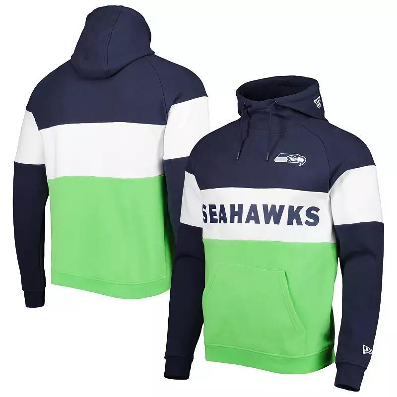 Men's New Era Neon Green/College Navy Seattle Seahawks Colorblock Current Pullover Hoodie,  Product Image
