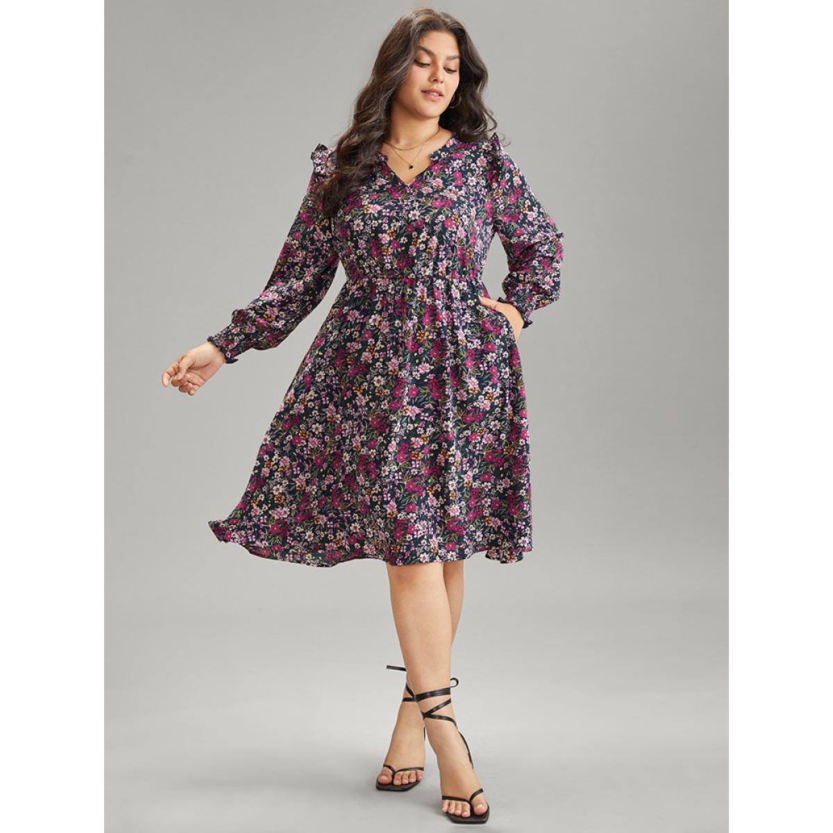 Plus Size Ditsy Floral Notched Pocket Shirred Cuffs Dress DarkBlue Women Elegant Printed Notched collar Long Sleeve Curvy Midi Dress BloomChic 26/4X Product Image