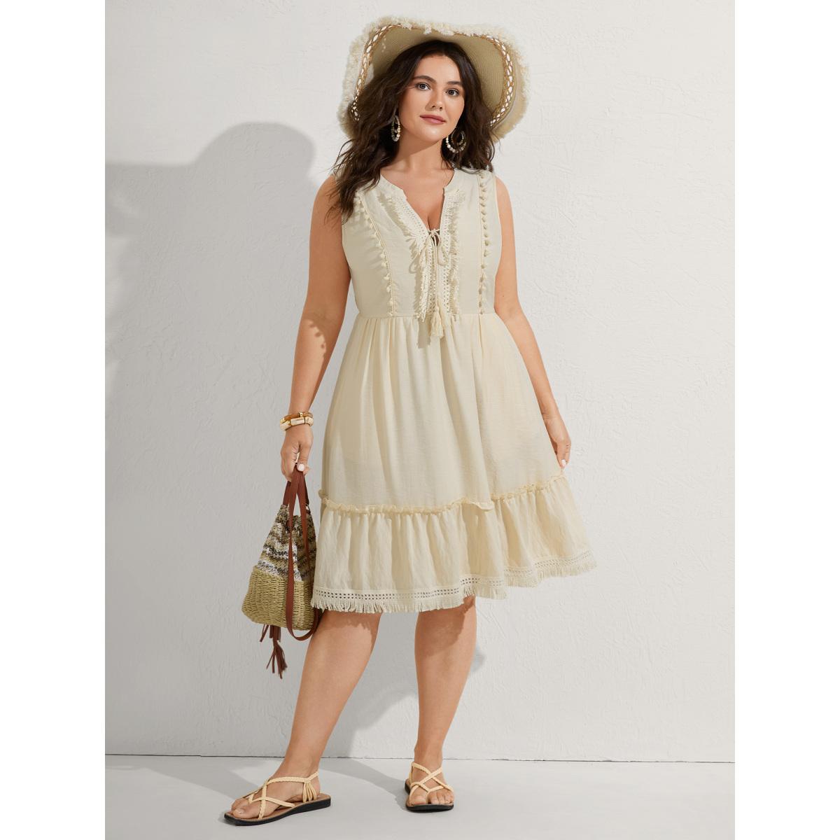 Plus Size Pure Cotton Tassels Lace Midi Dress Apricot Women Boho Woven ribbon&lace trim Flat collar with V-notch Sleeveless Curvy BloomChic 12/L Product Image