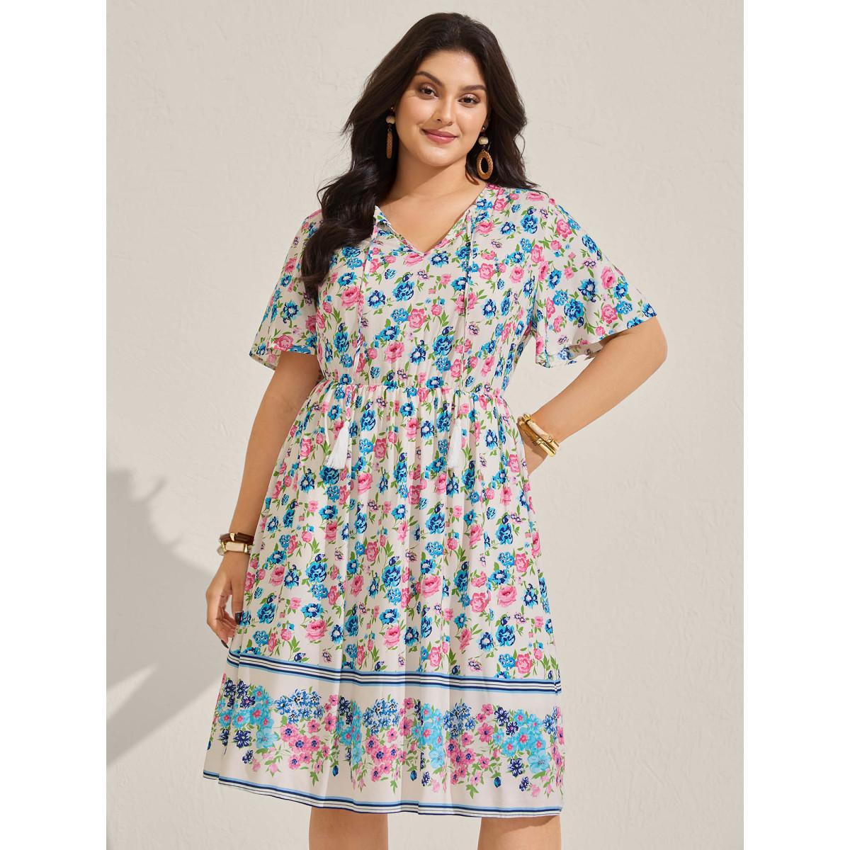 Plus Size Rayon Floral Print Neck Tie Pockets Midi Dress Multicolor Women Boho Notched collar Short sleeve Curvy BloomChic 12/L Product Image