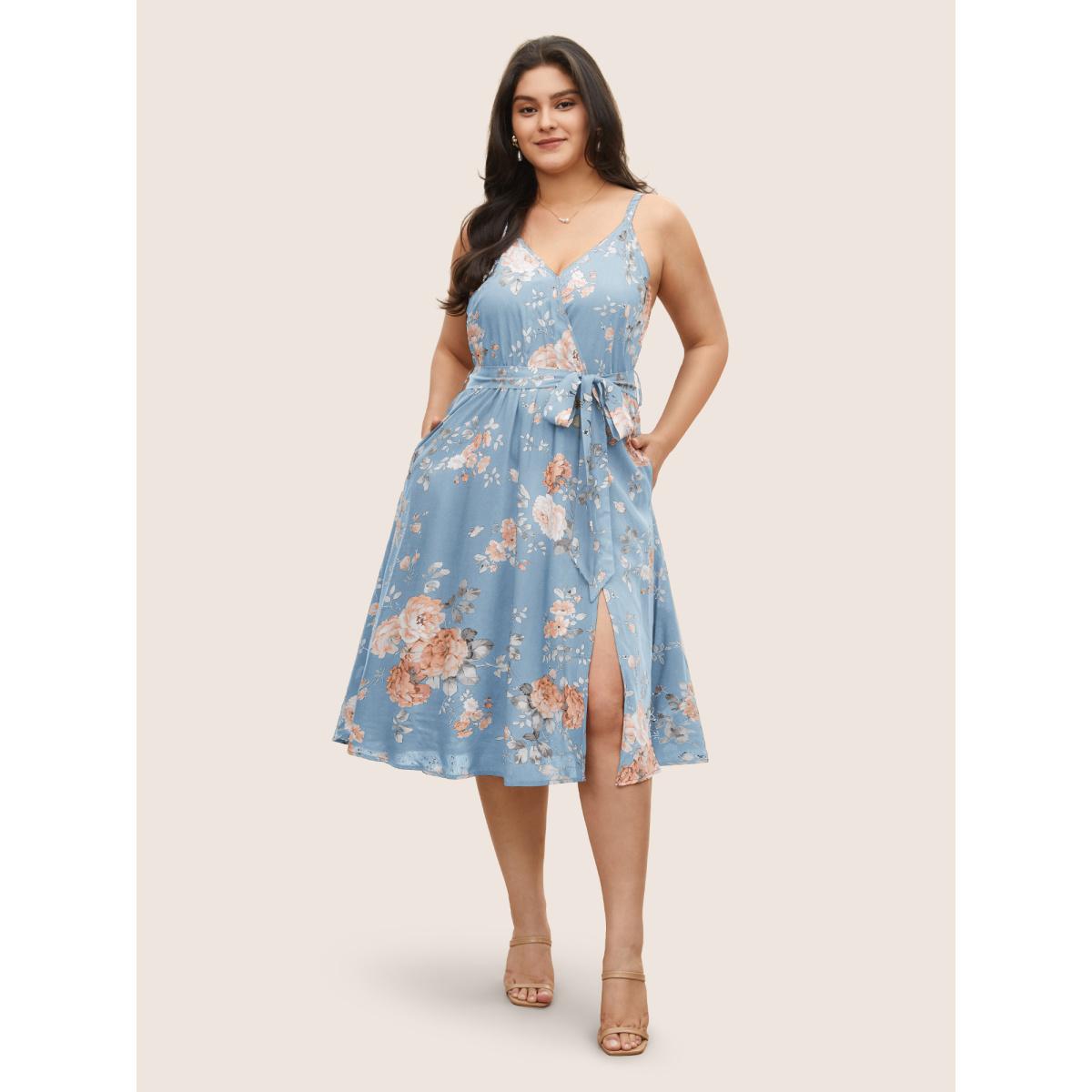 Plus Size Floral Wrap Elastic Waist Belted Sleeveless Dress LightBlue Women Elegant Non Spaghetti Strap Sleeveless Curvy Midi Dress BloomChic 14-16/1X Product Image