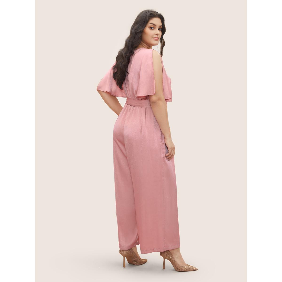 Plus Size Rouge Plain Wrap Pleated Sleeveless Jumpsuit Women Elegant Sleeveless Overlap Collar Everyday Loose Jumpsuits BloomChic 12/L Product Image