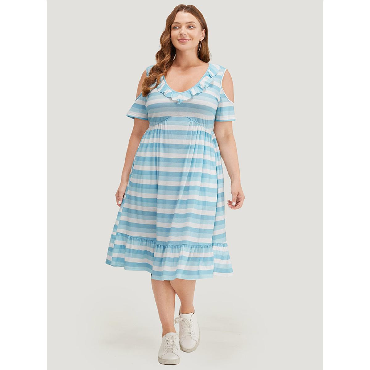 Plus Size Striped Contrast Pocket Ruffle Trim Cold Shoulder Dress LightBlue Women Casual Contrast Cold Shoulder Short sleeve Curvy Midi Dress BloomChic 26/4X Product Image