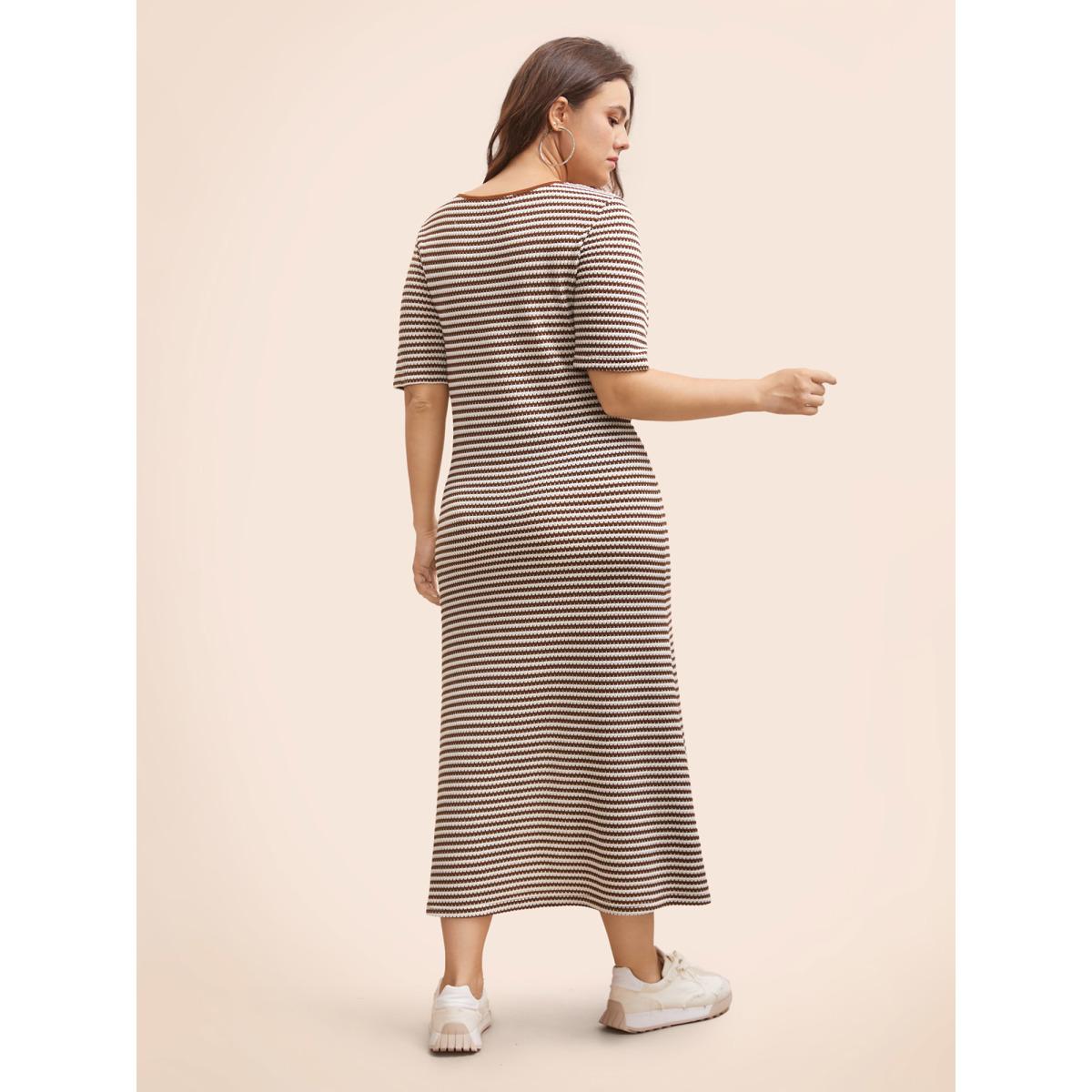 Plus Size Striped Textured Square Neck Midi Dress Browncoffeecolor Women Casual Texture Square Neck Short sleeve Curvy BloomChic 22-24/3X Product Image