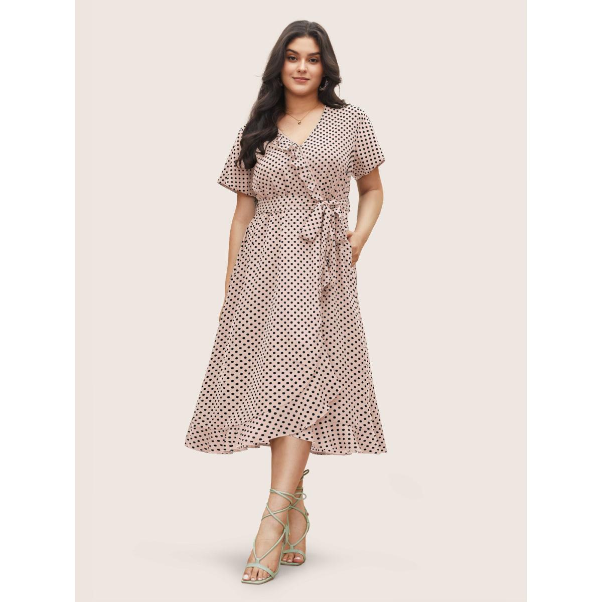 Plus Size Polka Dot Flutter Trim Belted Overlap Collar Dress Crepe Women Elegant Non Overlap Collar Short sleeve Curvy Midi Dress BloomChic 30/6X Product Image