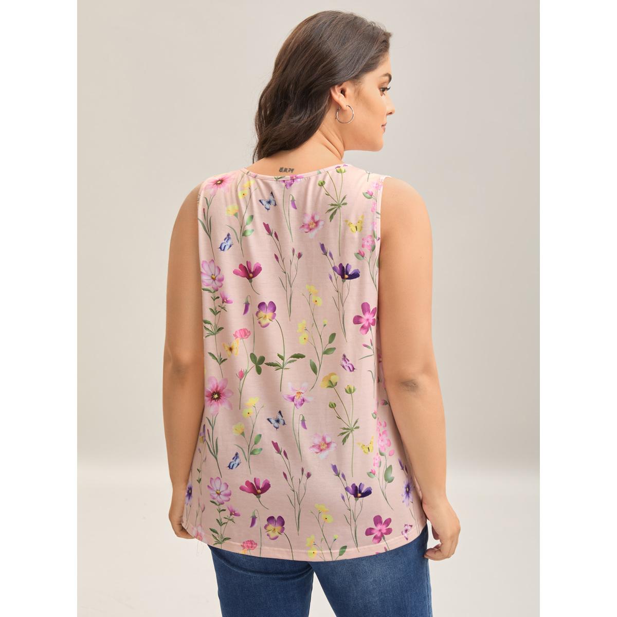 Plus Size Floral Print Flowy Pleated Tank Top Women Multicolor Leisure Gathered Round Neck Casual Tank Tops Camis BloomChic 12/L Product Image
