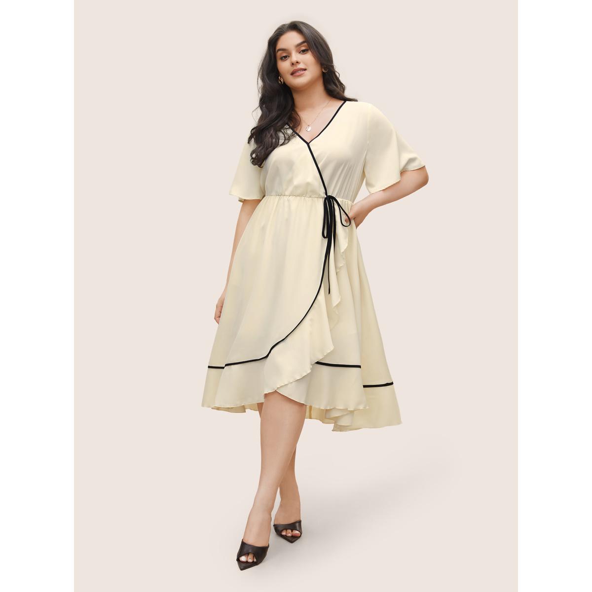 Plus Size Anti-Wrinkle Wrap Tiered Ruffles Contrast Ties Dress Beige Women At the Office Non Overlap Collar Short sleeve Curvy Midi Dress BloomChic 30/6X Product Image