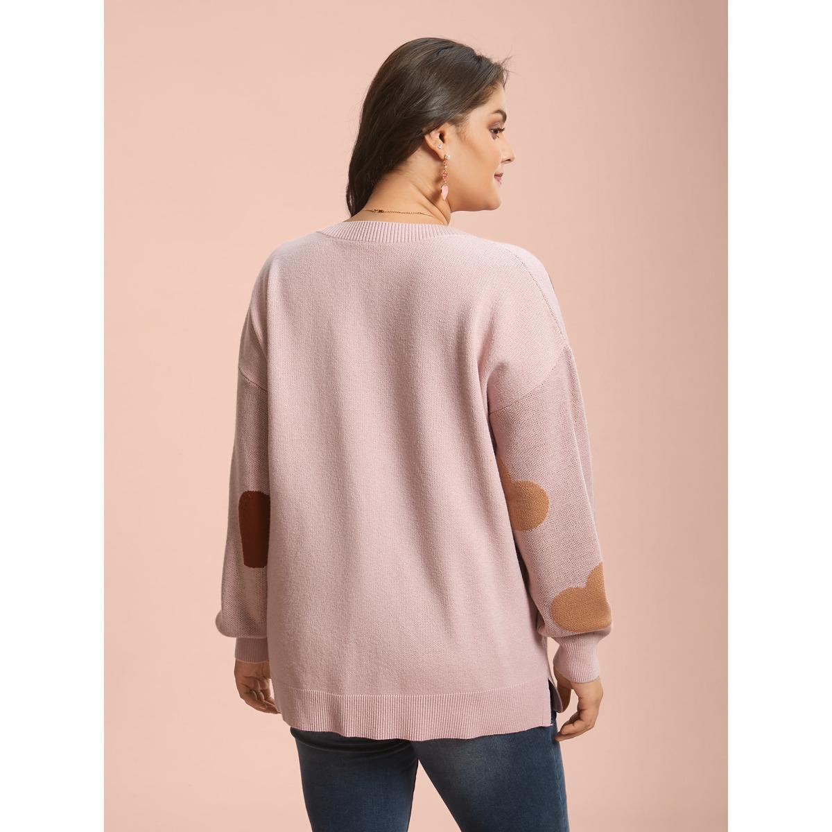 Plus Size V-Neck Heart Jacquard Contrast Pullover Nudepink Women Playful Loose Long Sleeve V-neck Casual Pullovers BloomChic 22-24/3X Product Image