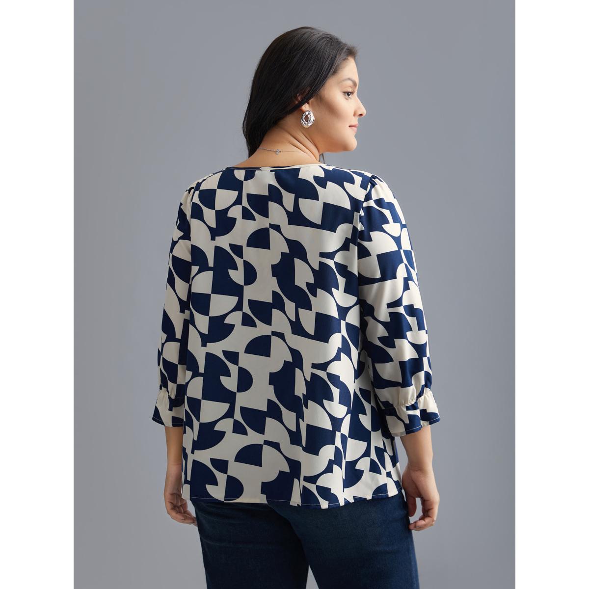 Plus Size Indigo Round Neck Geometric Print Blouse Women Office Elbow-length sleeve Round Neck Office Blouses BloomChic 10/M Product Image