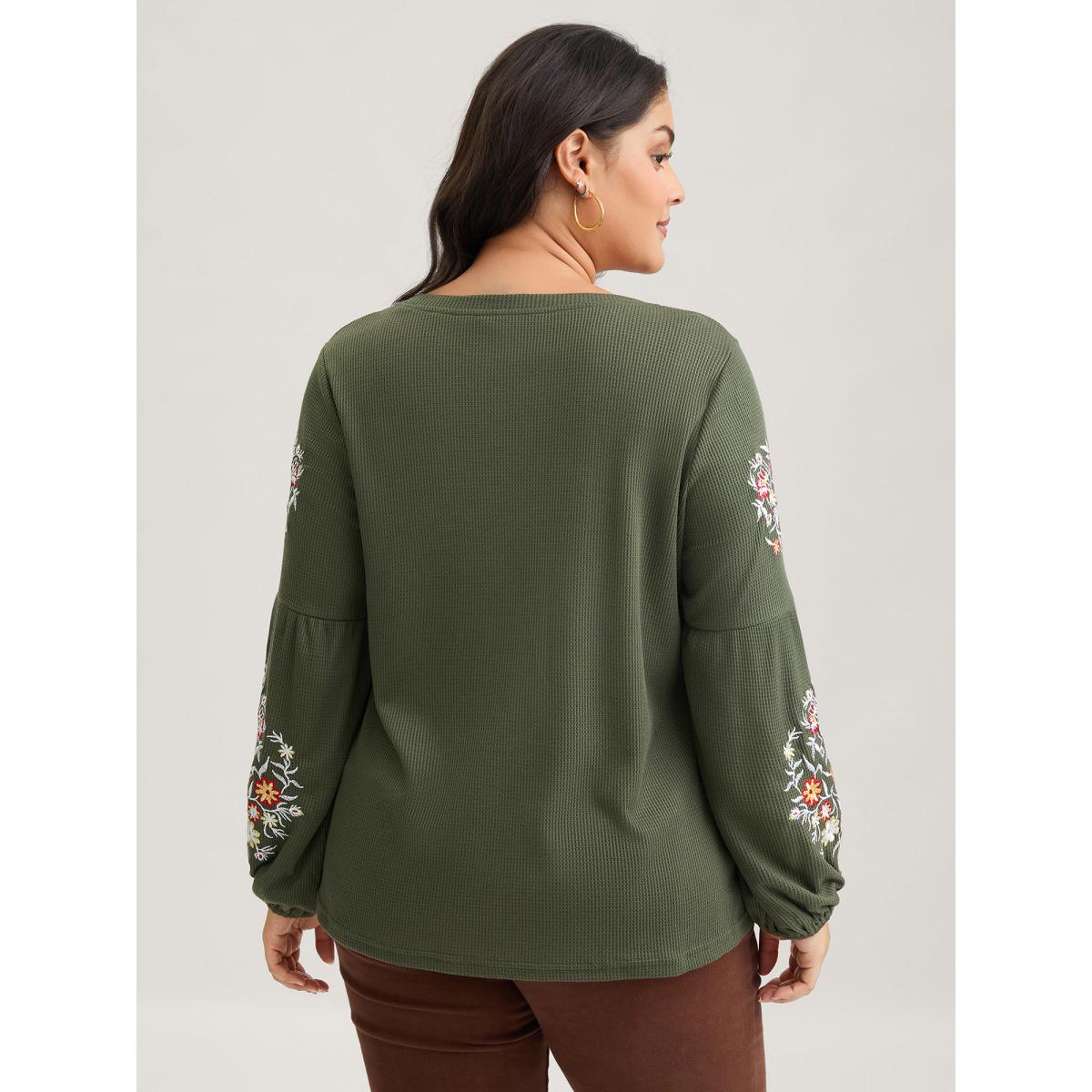 Plus Size Waffle Knit Floral Embroidered Lantern Sleeve T-shirt ArmyGreen Women Leisure Texture Floral Round Neck Casual T-shirts BloomChic 14-16/1X Product Image