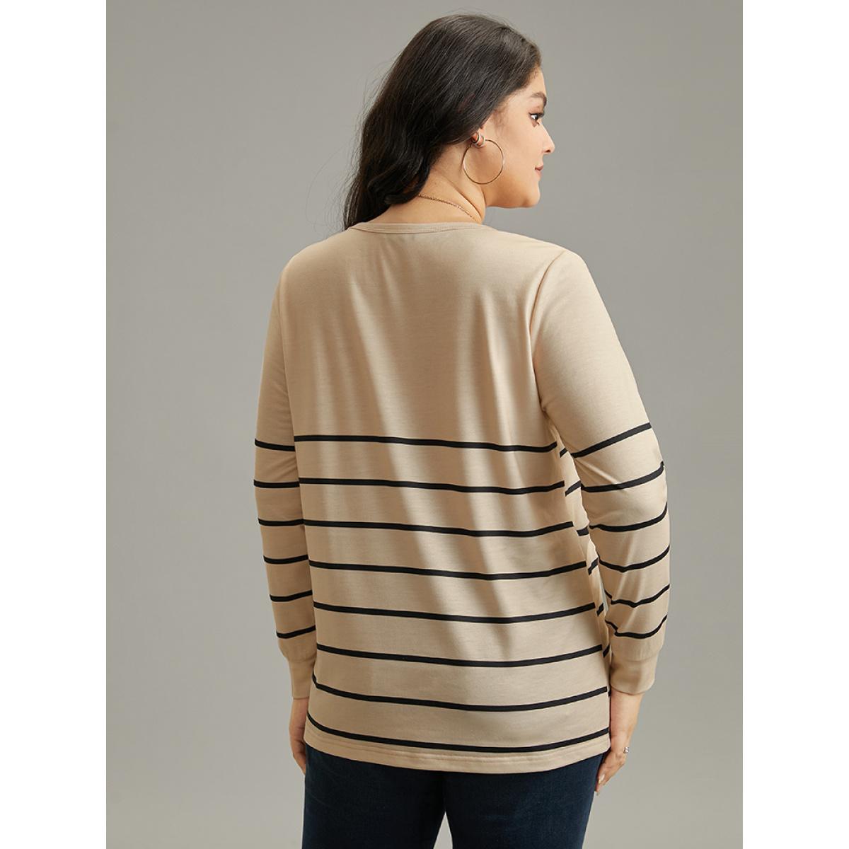 Plus Size Striped Print V Neck T-Shirt Tan Women Casual Printed Striped V-neck Dailywear T-shirts BloomChic 22-24/3X Product Image