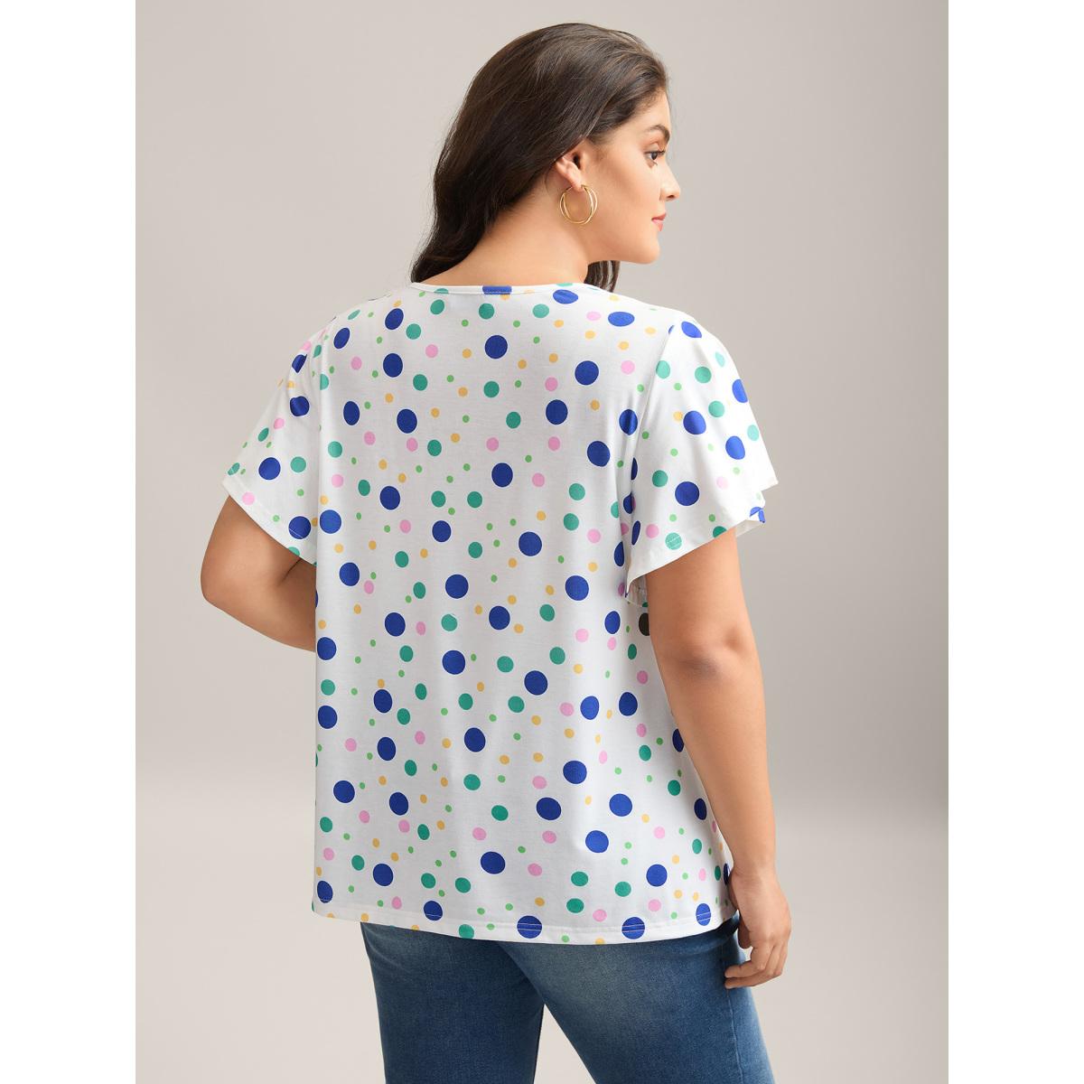 Plus Size Stretchy Playful Polka Dots Ruffled T-Shirt WhiteSmoke Women Contrast V-neck Everyday-Elegant T-shirts BloomChic 22-24/3X Product Image