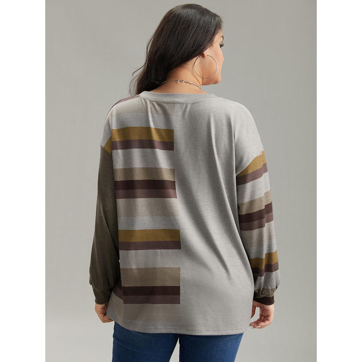 Plus Size Striped Patchwork Contrast Crew Neck Sweatshirt Women DimGray Casual Elastic cuffs Round Neck Dailywear Sweatshirts BloomChic 12/L Product Image