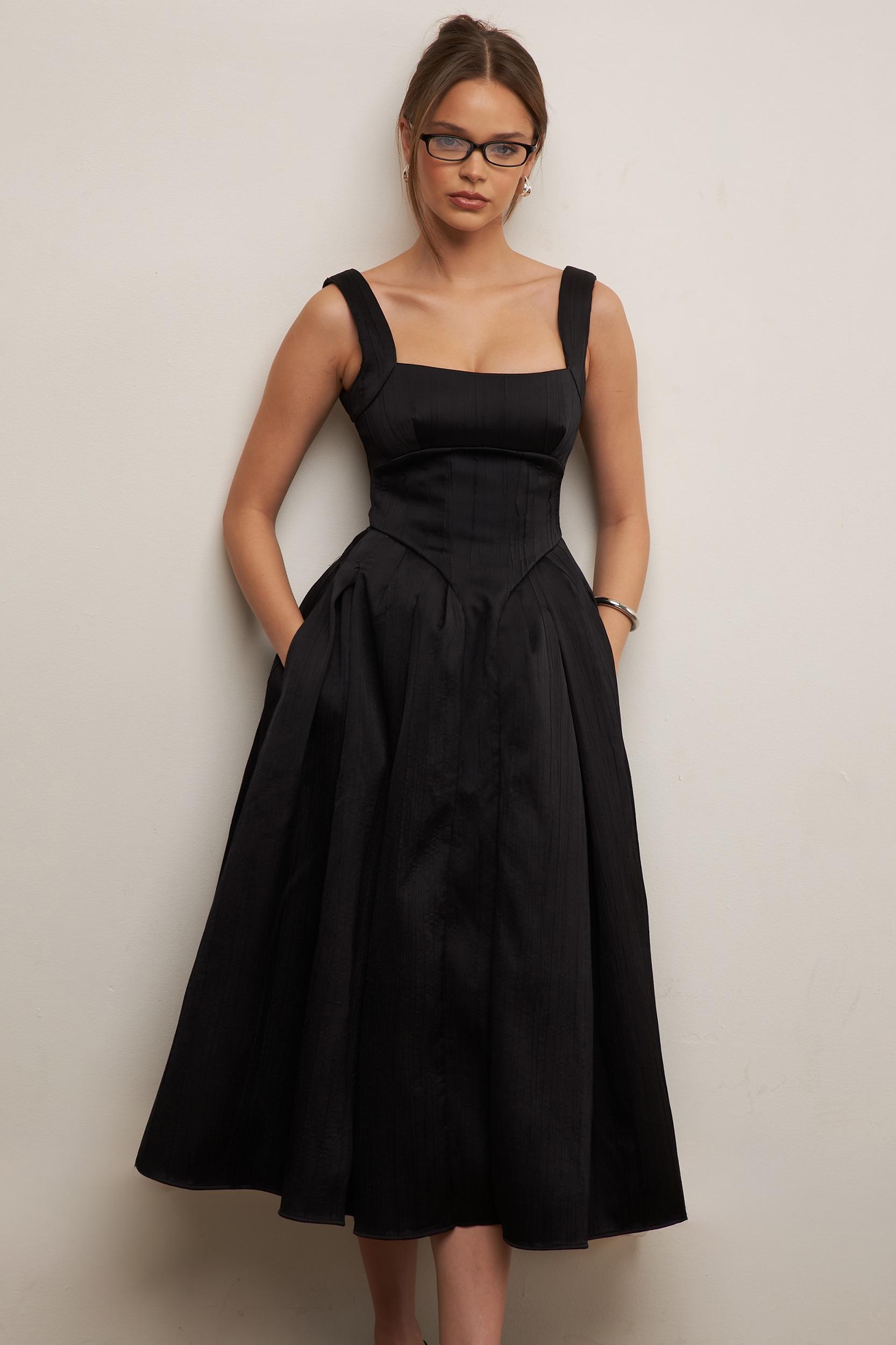 Isabeau  black textured satin corset midi dress Product Image