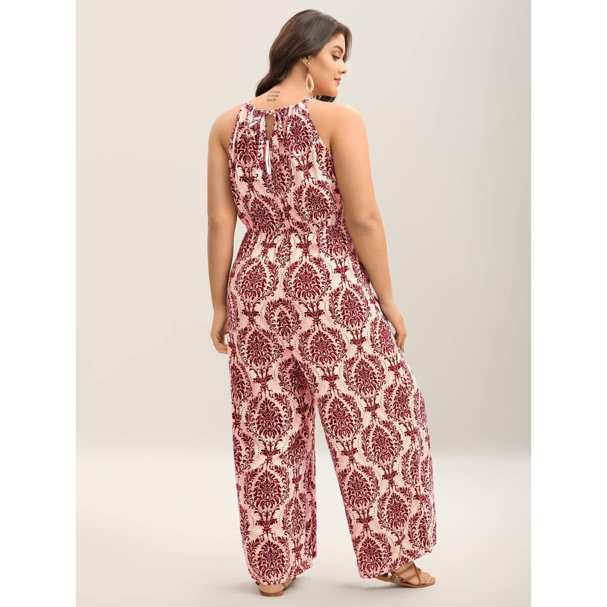 Plus Size Rust Rayon Damask Print Stretchy Waist Jumpsuit Women Sleeveless Halter neck Vacation Loose Jumpsuits BloomChic 10/M Product Image