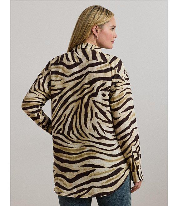Lauren Ralph Lauren Plus Size Linen Zebra Print Point Collar Long Sleeve Button-Front Shirt Product Image