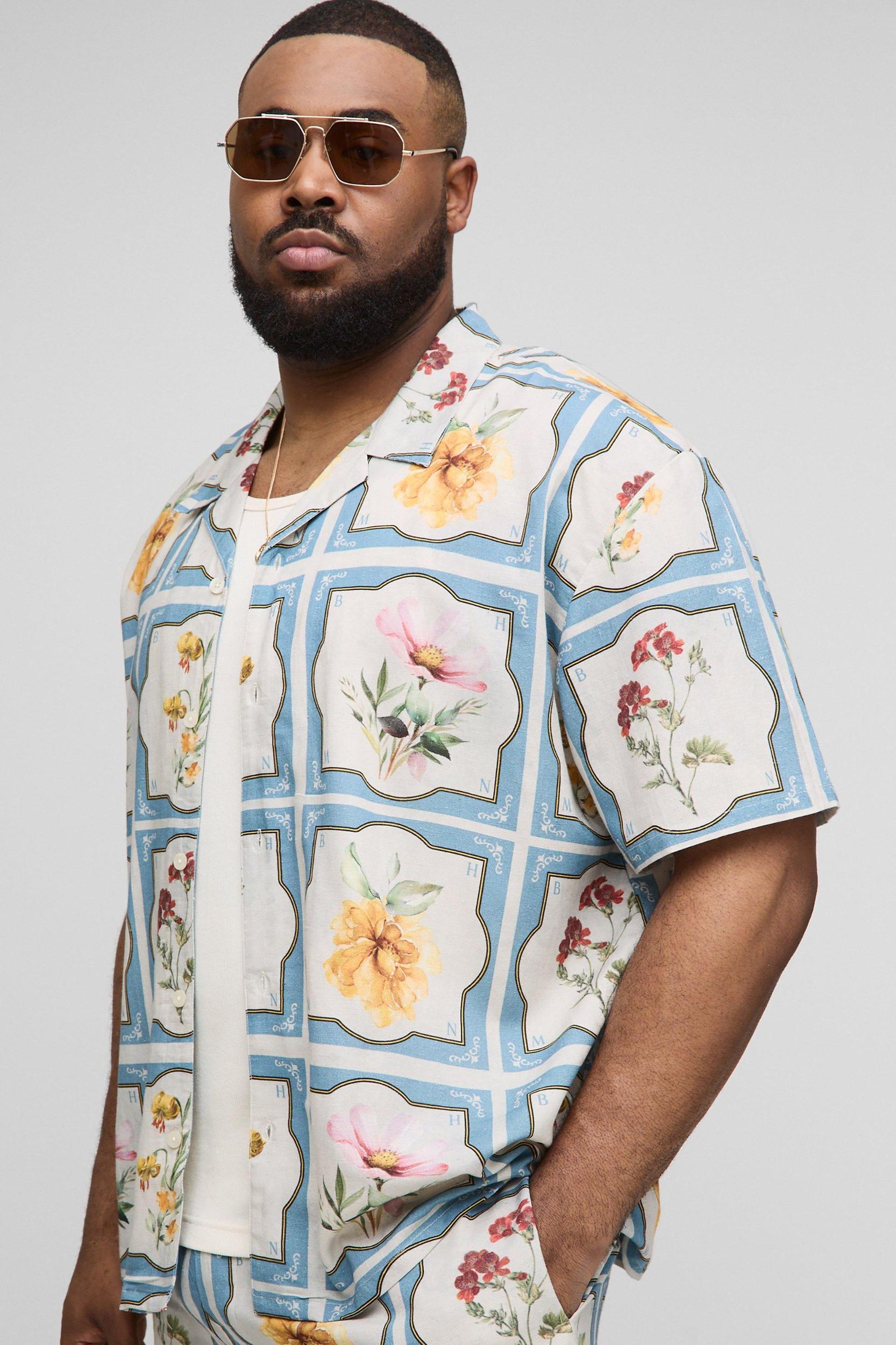 Plus Oversized Floral Linen Blend Shirt & Short Set | boohooMAN USA Product Image