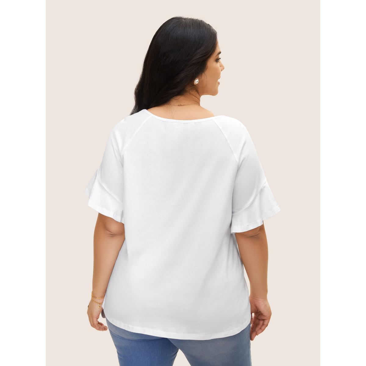 Plus Size Cotton Round Neck Plain Patchwork Ruffles T-shirt Originalwhite Women Timeless Patchwork Round Neck Elegant T-shirts BloomChic 26/4X Product Image