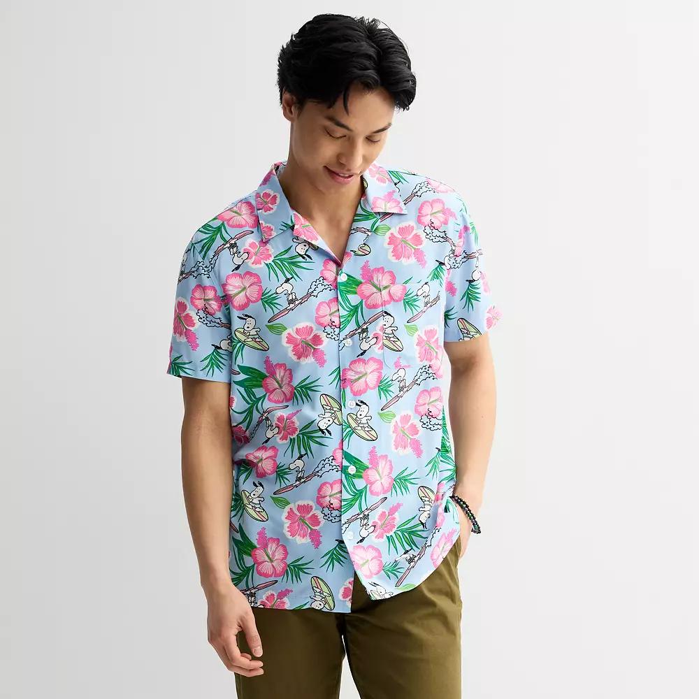 Men's Peanuts Snoopy Tropical Button Down Short Sleeve Shirt, Size: Large, Blue Product Image
