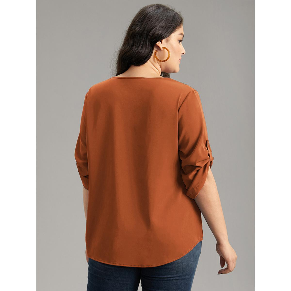 Plus Size Chocolate V Neck Plain Pleated Tab Sleeve Blouse Women At the Office Elbow-length sleeve V-neck Work Blouses BloomChic 28/5X Product Image