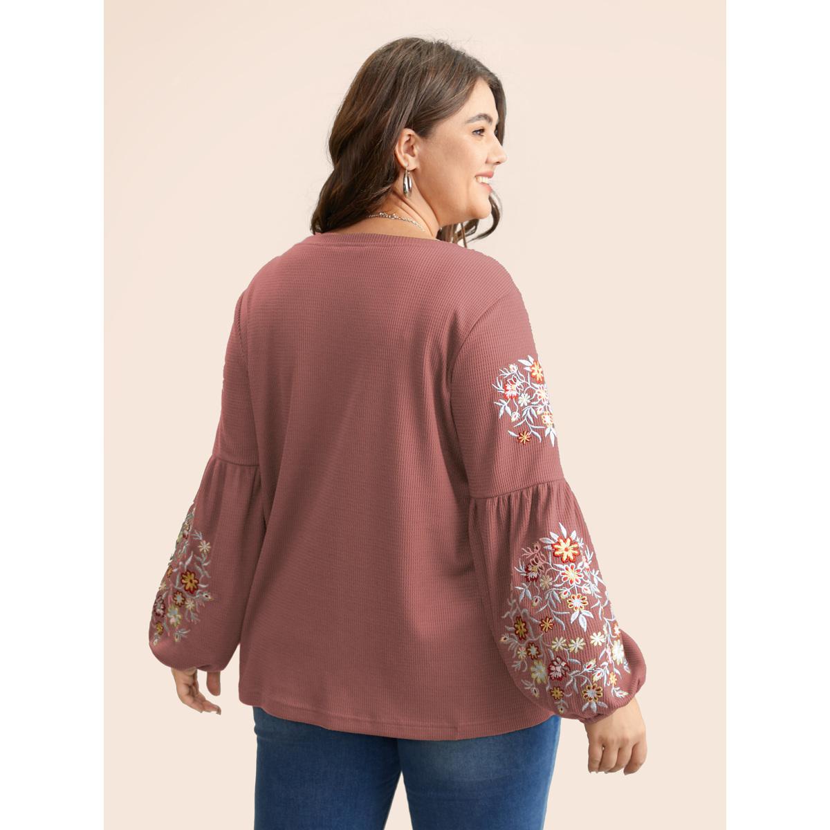 Plus Size Waffle Knit Floral Embroidered Lantern Sleeve T-shirt DustyPink Women Elegant Texture Floral Round Neck Everyday T-shirts BloomChic 26/4X Product Image
