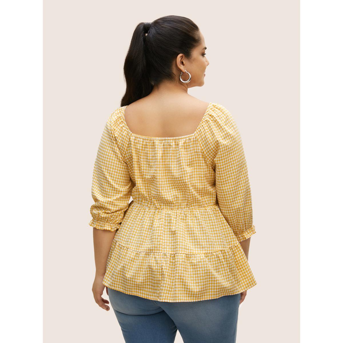 Plus Size Turmeric Heart Neckline Gingham Shirred Lantern Sleeve Blouse Women Casual Elbow-length sleeve Heart neckline Everyday Blouses BloomChic 14-16/1X Product Image