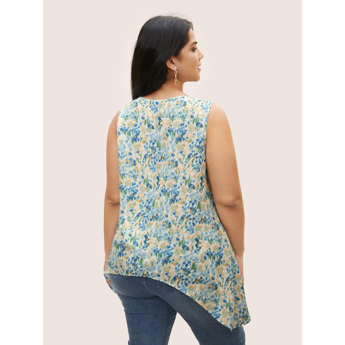 Plus Size Watercolor Floral Keyhole Hanky Hem Tank Top Women Multicolor Elegant Contrast Non Everyday Tank Tops Camis BloomChic 12/L Product Image