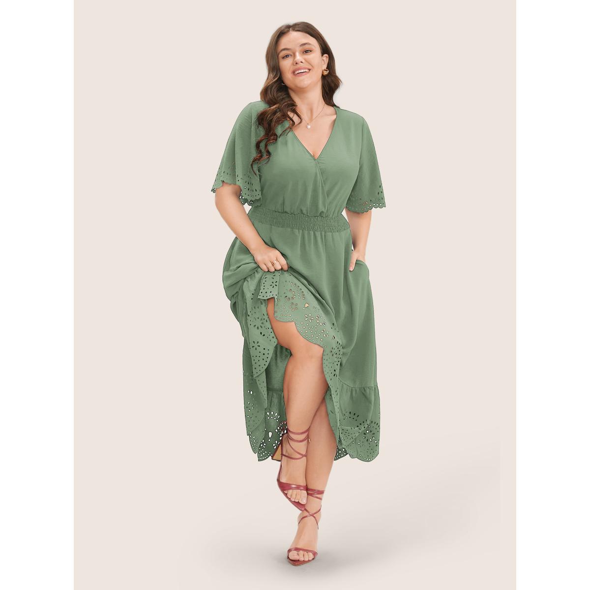 Plus Size Solid Laser Cut Shirred Pocket Wrap Scalloped Trim Flutter Dress Mint Women Elegant Non V-neck Short sleeve Curvy Midi Dress BloomChic 30/6X Product Image