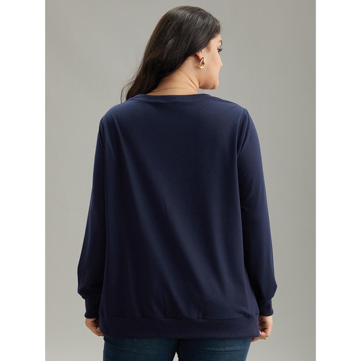 Plus Size Solid Keyhole Elastic Cuffs Sweatshirt Women Indigo Elegant Elastic cuffs Keyhole Cut-Out Dailywear Sweatshirts BloomChic 10/M Product Image