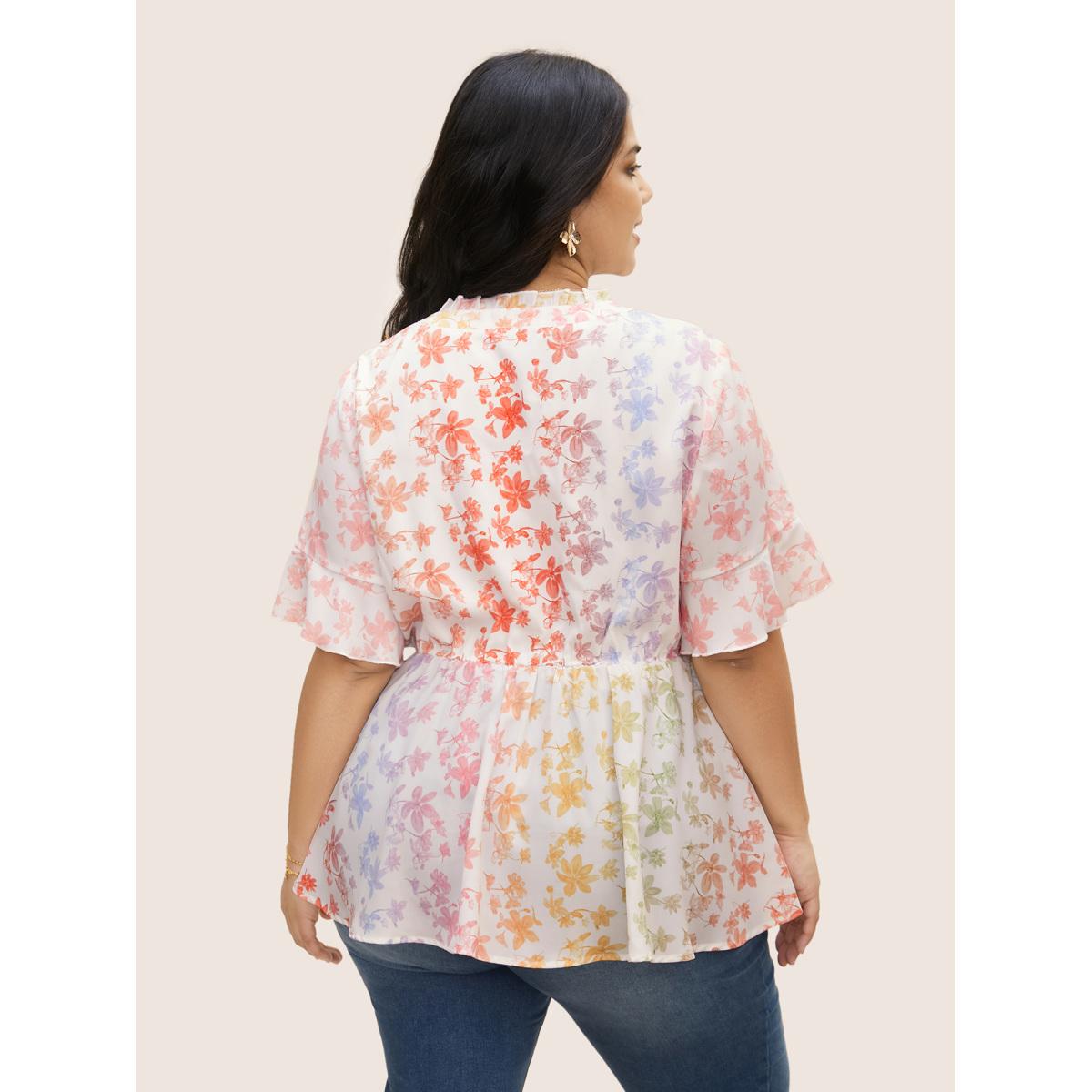 Plus Size Multicolor Ombre Floral Print Notched Collar Blouse Women Elegant Short sleeve Notched collar Everyday Blouses BloomChic 18-20/2X Product Image