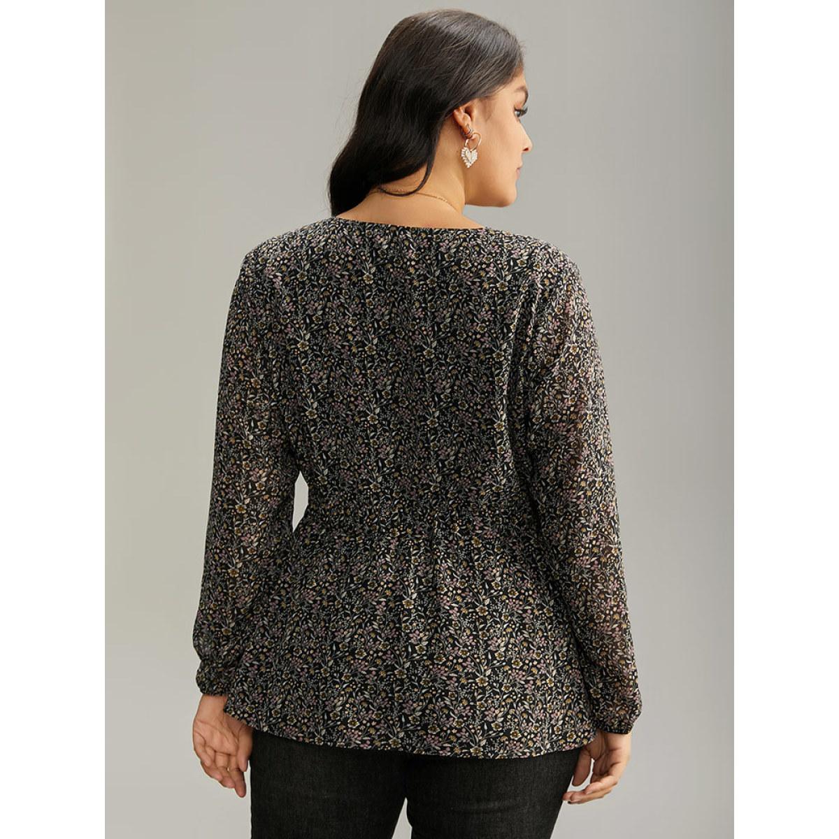 Plus Size Black Ditsy Floral Shirred Lantern Sleeve Blouse Women Elegant Long Sleeve V-neck Everyday Blouses BloomChic 14-16/1X Product Image