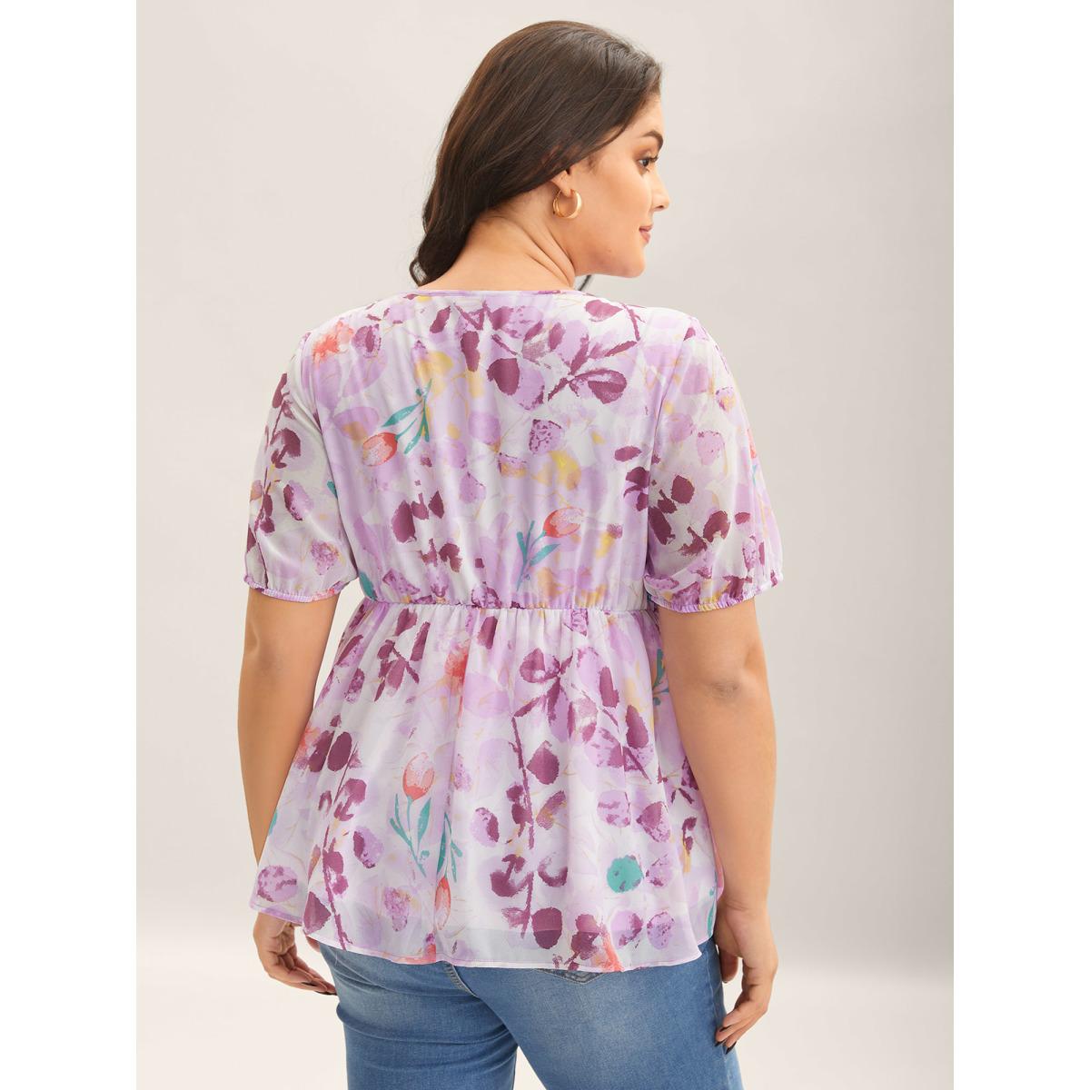 Plus Size Lilac Floral Print Shirred Bodice Blouse Women Short sleeve V-neck Elegant Blouses BloomChic 28/5X Product Image