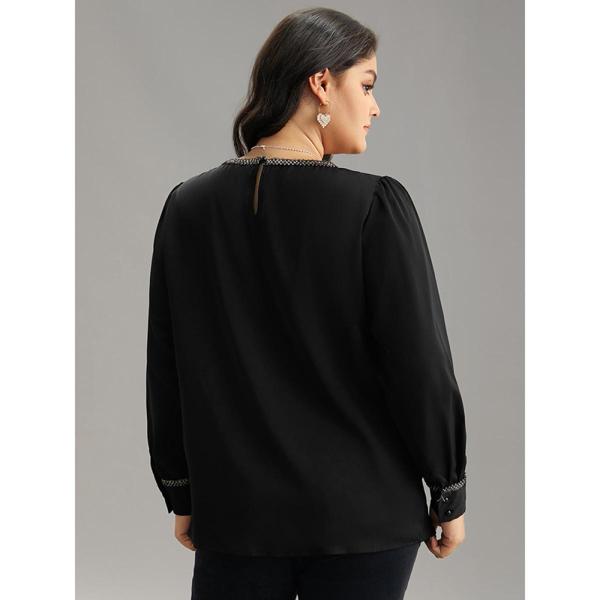 Plus Size Black Plain Contrast Webbing Crew Neck Blouse Women Office Long Sleeve Round Neck Office Blouses BloomChic 26/4X Product Image