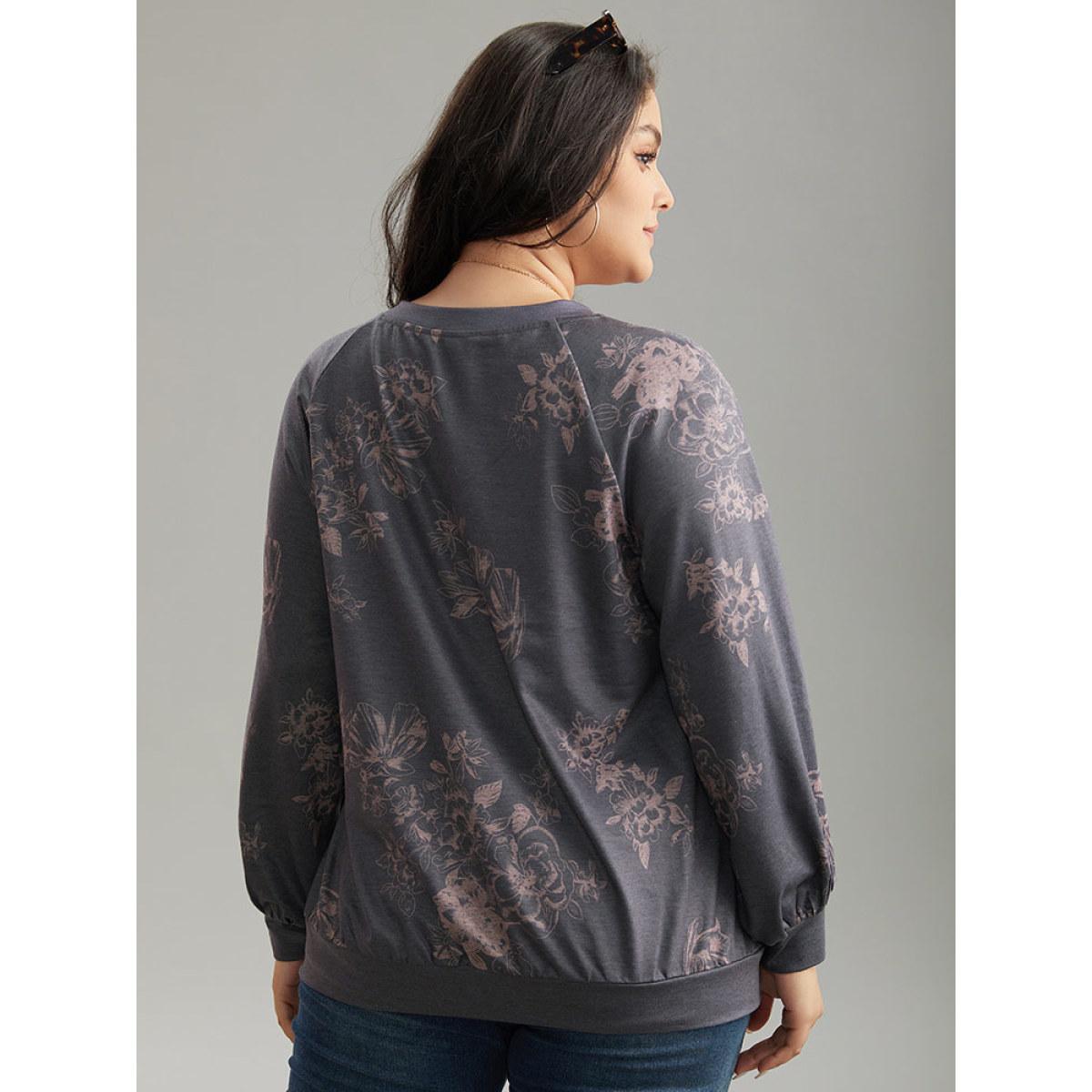 Plus Size Floral Print Round Neck Raglan Sleeve Sweatshirt Women Gray Elegant Heather Round Neck Dailywear Sweatshirts BloomChic 14-16/1X Product Image