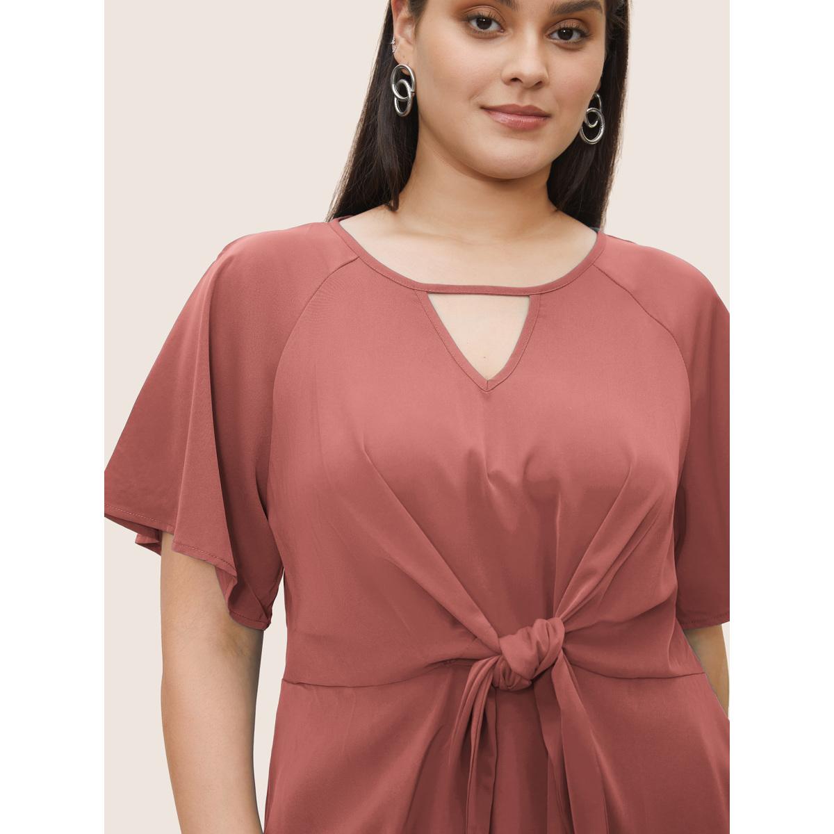 Plus Size Mint Plain Keyhole Knotted Front Ruffle Sleeve Blouse Women Work From Home Short sleeve Round Neck Work Blouses BloomChic 18-20/2X Product Image