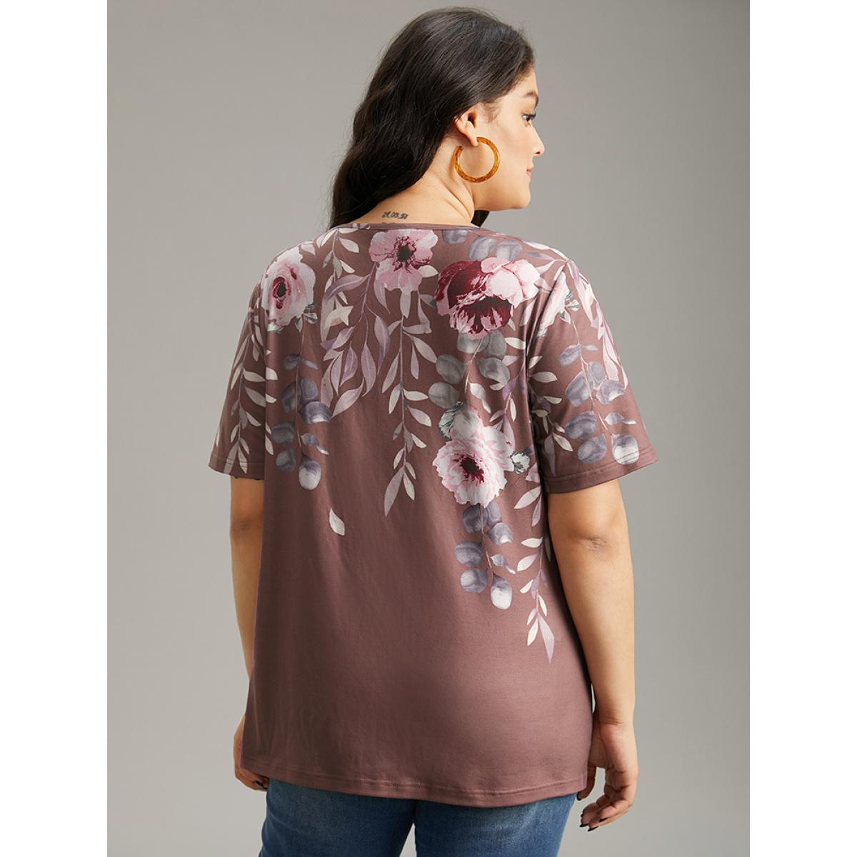 Plus Size Floral Print Notched Button Up T-shirt Multicolor Women Casual Printed Floral Open Front Dailywear T-shirts BloomChic 14-16/1X Product Image