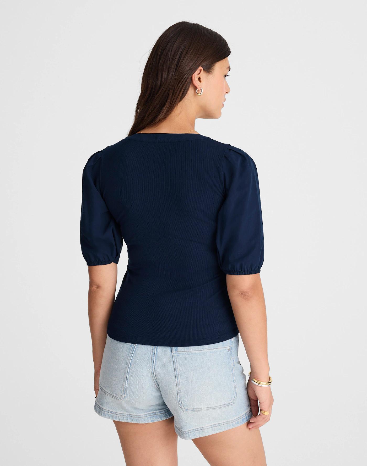 Puff-Sleeve Henley Knit Top Product Image