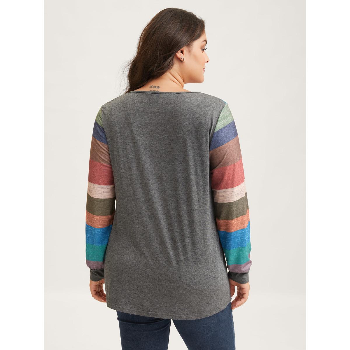 Plus Size Colorblock Contrast V Neck Button Up T-shirt Multicolor Women Leisure Elastic cuffs Striped V-neck Casual T-shirts BloomChic 22-24/3X Product Image