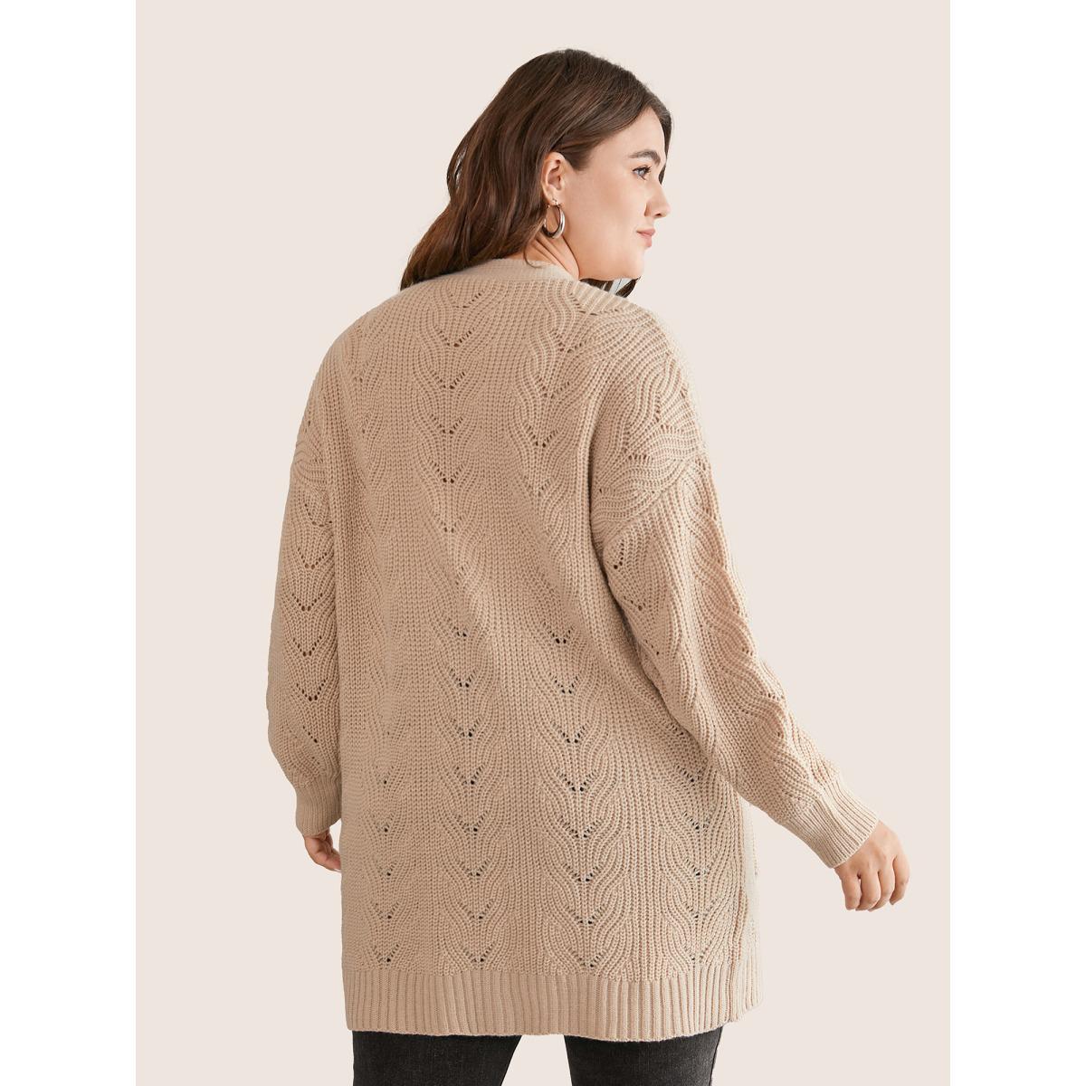 Plus Size Solid Textured Cable Knit Hollow Out Cardigan Champagne Women Casual Loose Long Sleeve Everyday Cardigans BloomChic 30/6X Product Image