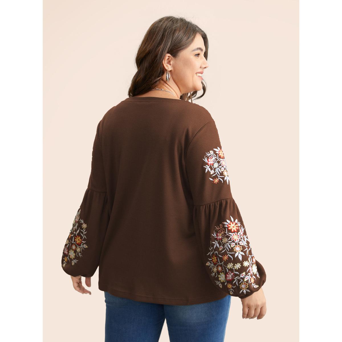 Plus Size Waffle Knit Floral Embroidered Lantern Sleeve T-shirt DarkBrown Women Leisure Texture Floral Round Neck Casual T-shirts BloomChic 26/4X Product Image