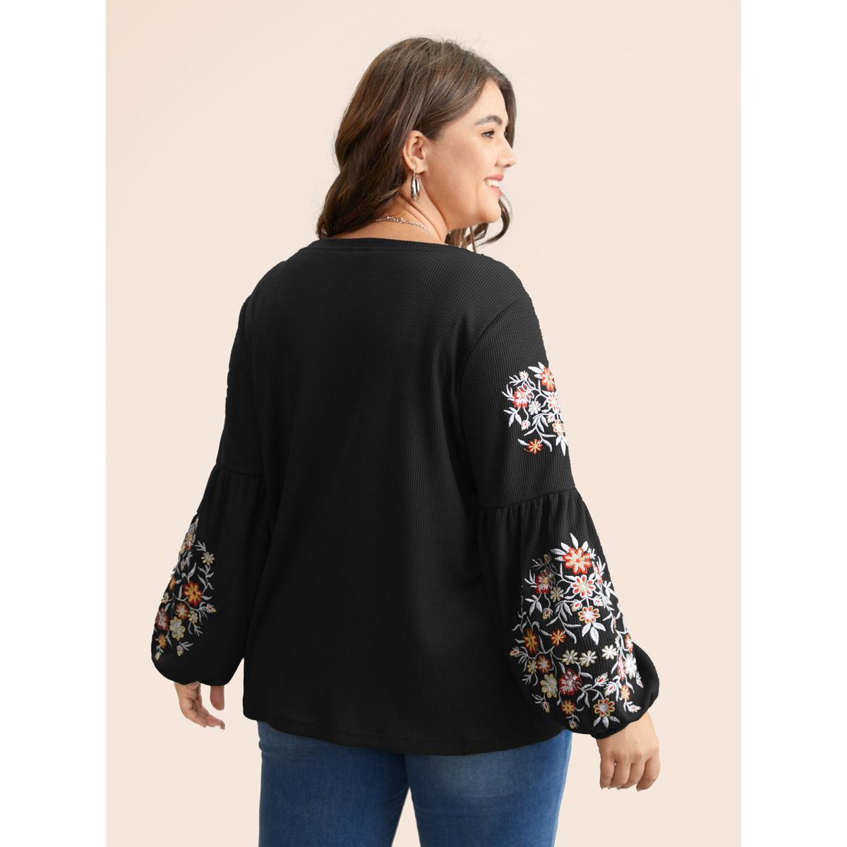 Plus Size Waffle Knit Floral Embroidered Lantern Sleeve T-shirt Black Women Leisure Texture Floral Round Neck Casual T-shirts BloomChic 28/5X Product Image