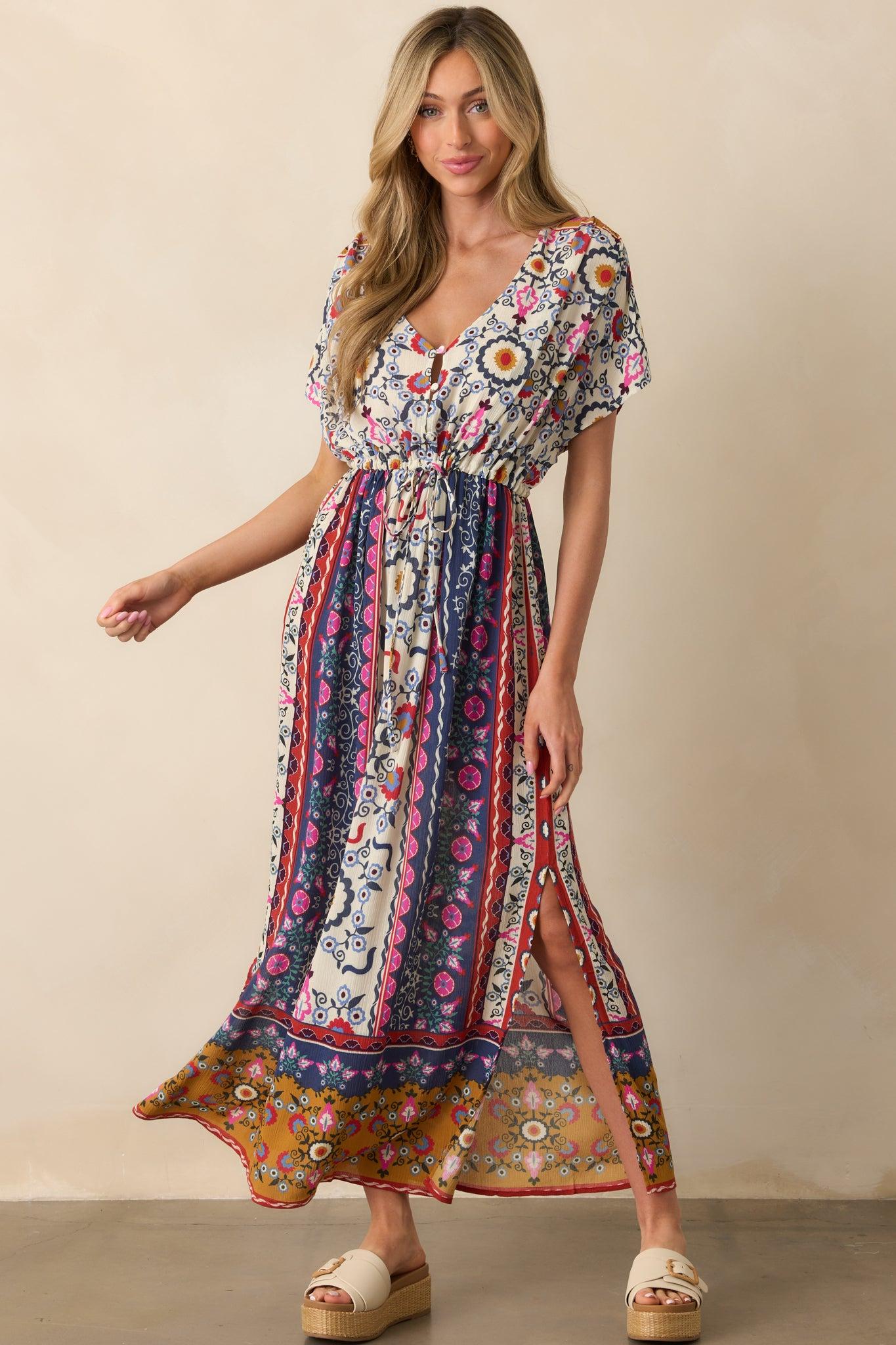 Drawn To The Horizon Navy Multi Print Short Sleeve Maxi Dress Product Image