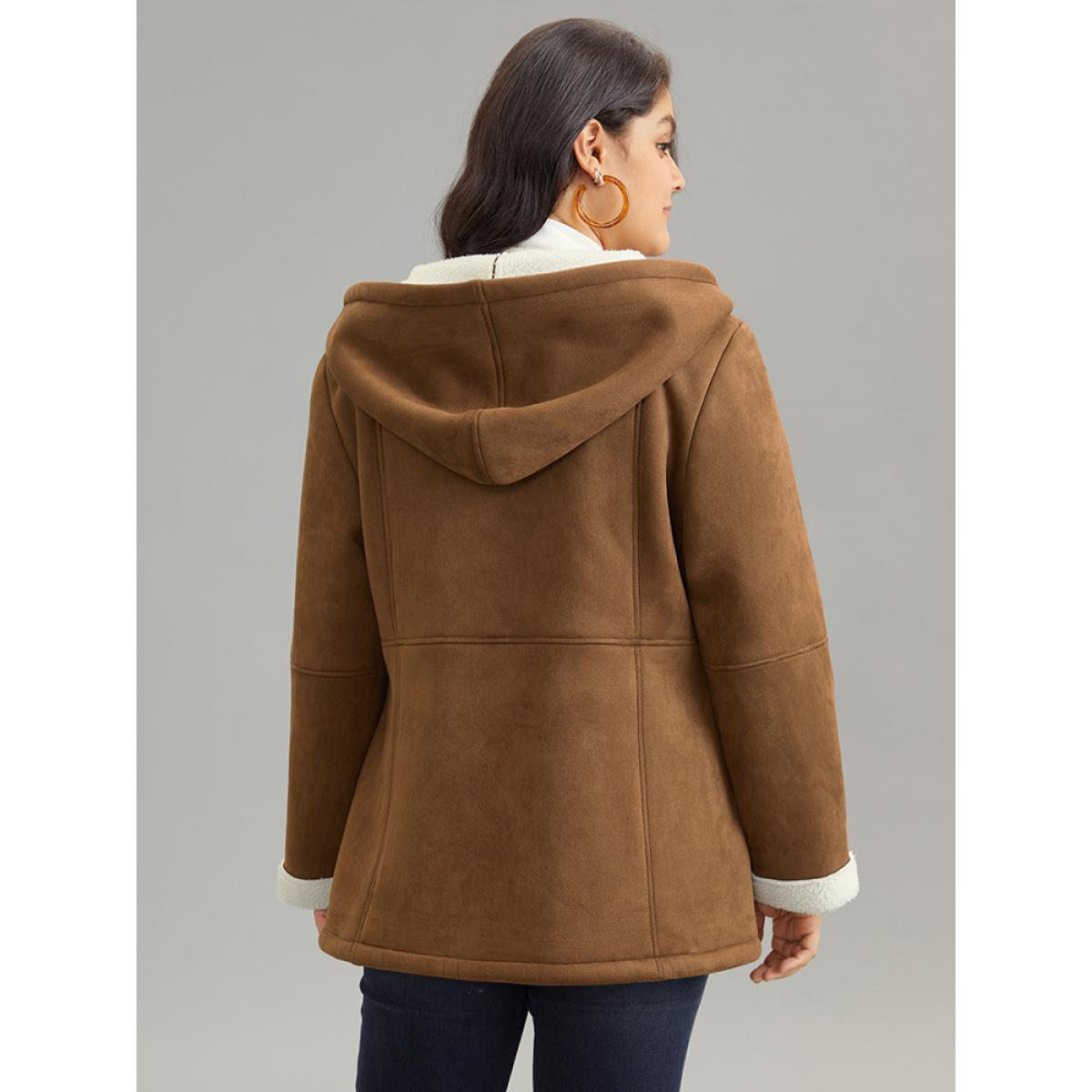 Plus Size Contrast Duffle Button Fluffy Hooded Coat Women DarkBrown Casual Lined Ladies Dailywear Winter Coats BloomChic 12/L Product Image
