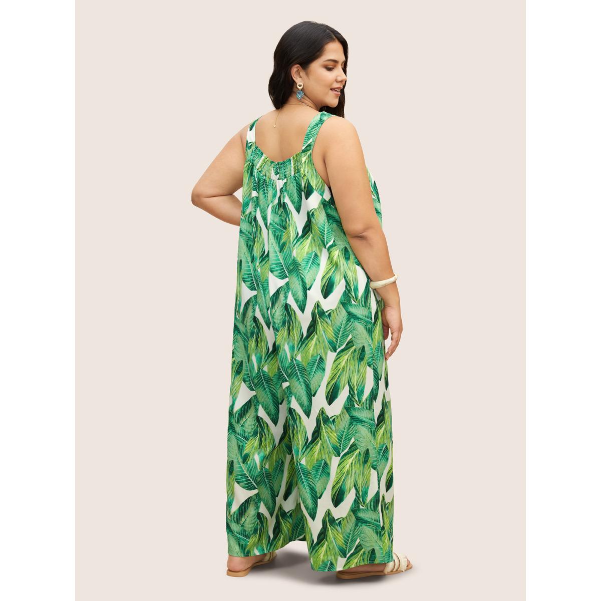Plus Size Green Tropical Print Shirred Side Seam Pocket Jumpsuit Women Resort Sleeveless Non Vacation Loose Jumpsuits BloomChic 30/6X Product Image